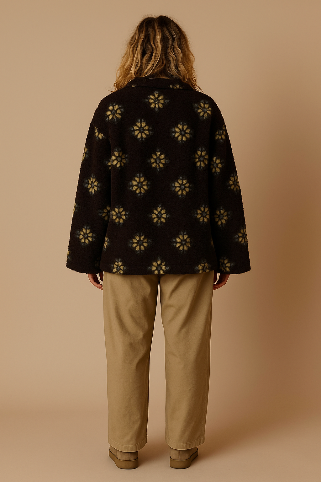 Emma | Oversized Floral Teddy Fleece Jacket with Half Zip - Brown back
