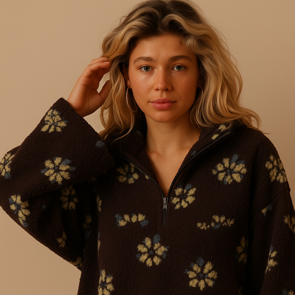 Emma | Oversized Floral Teddy Fleece Jacket with Half Zip - Brown detail