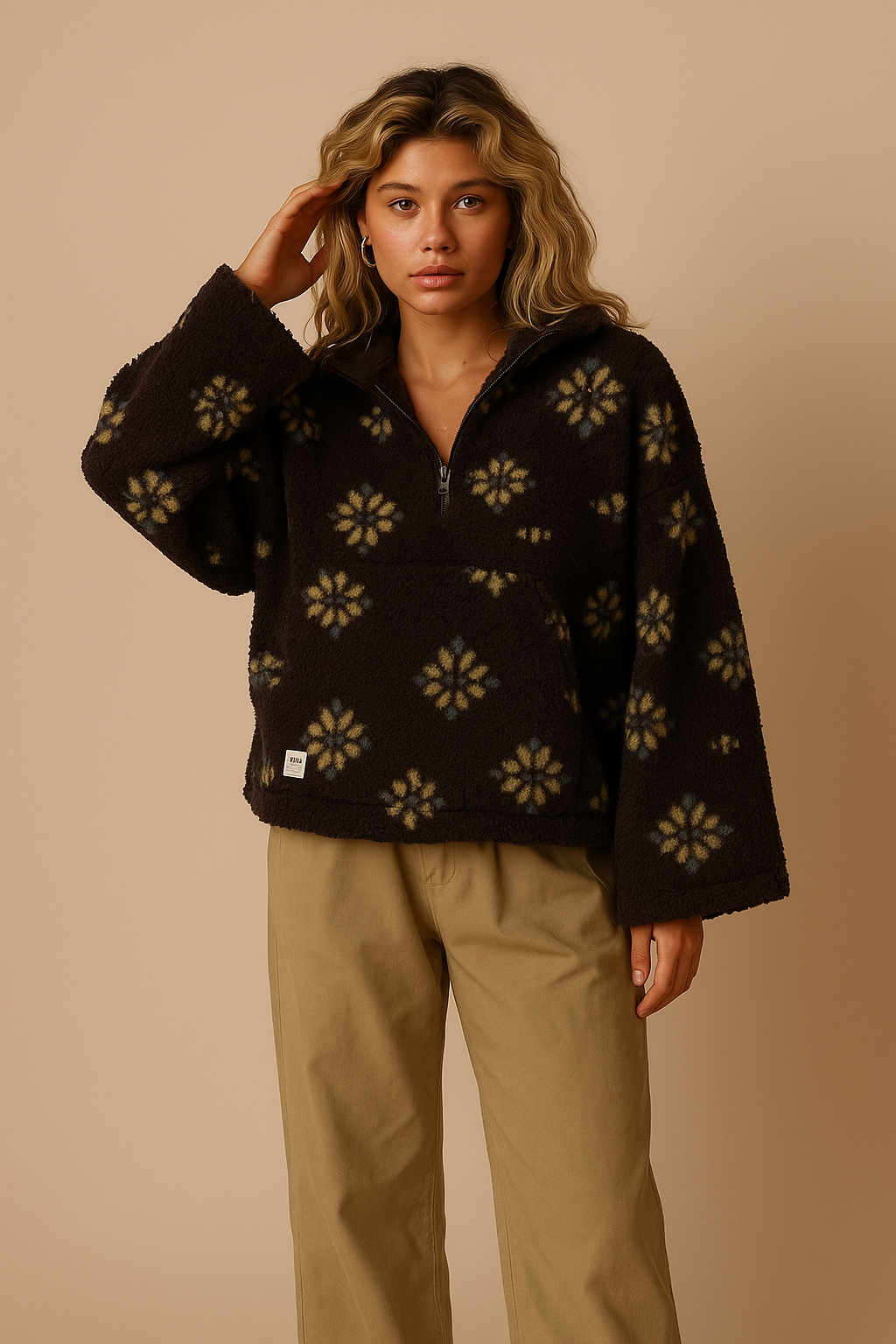 Emma | Oversized Floral Teddy Fleece Jacket with Half Zip - Brown