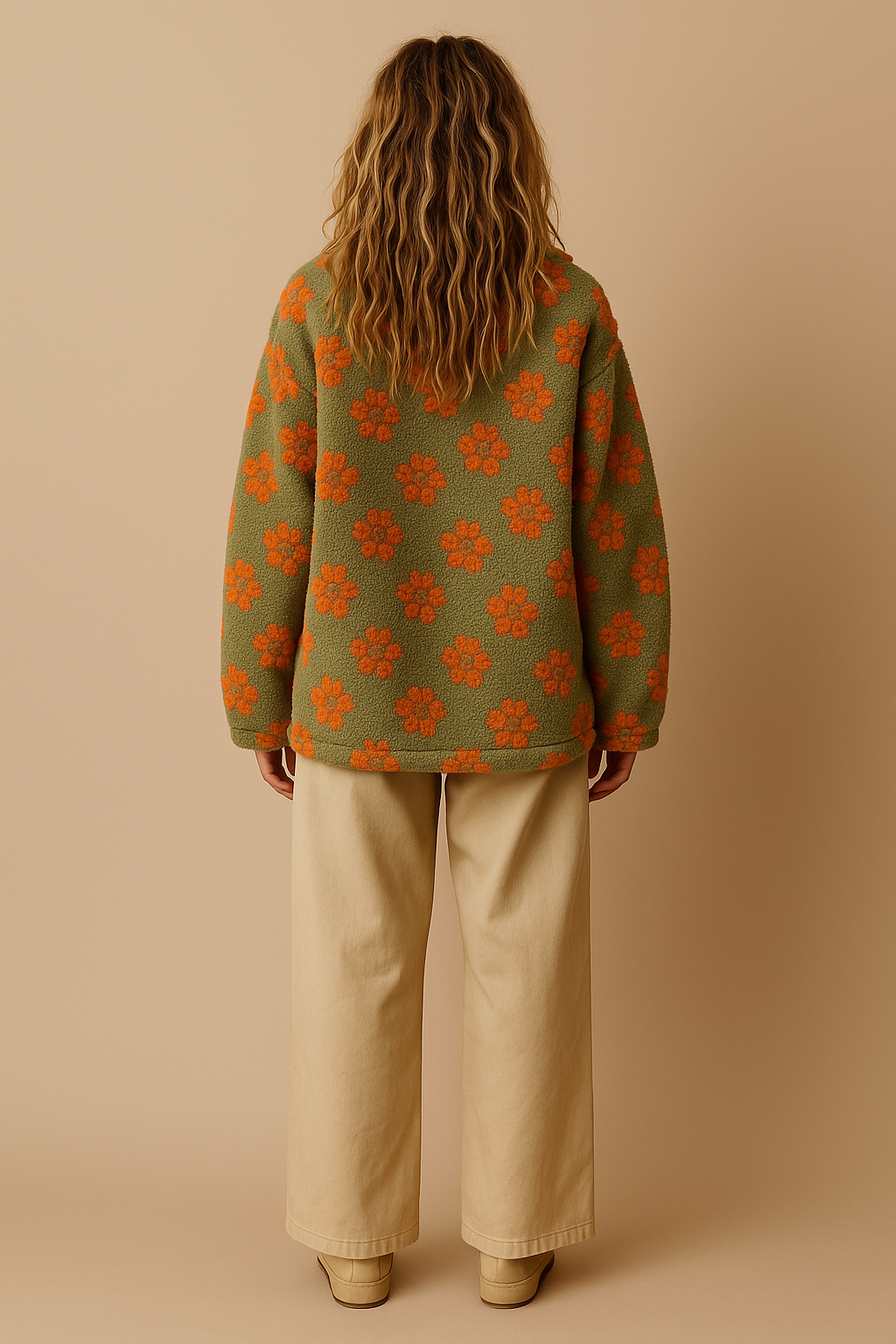 Emma | Oversized Floral Teddy Fleece Jacket with Half Zip - Orange back