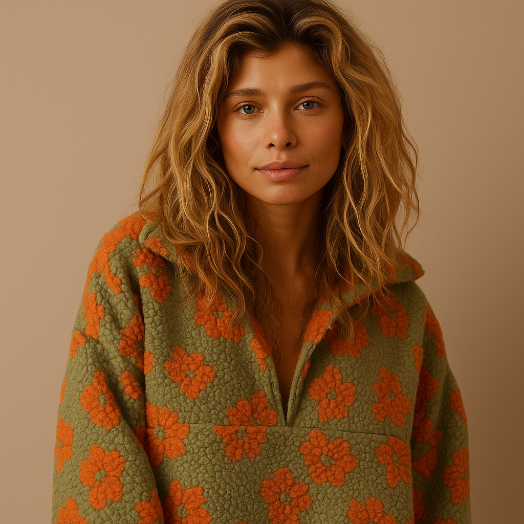 Emma | Oversized Floral Teddy Fleece Jacket with Half Zip - Orange detail