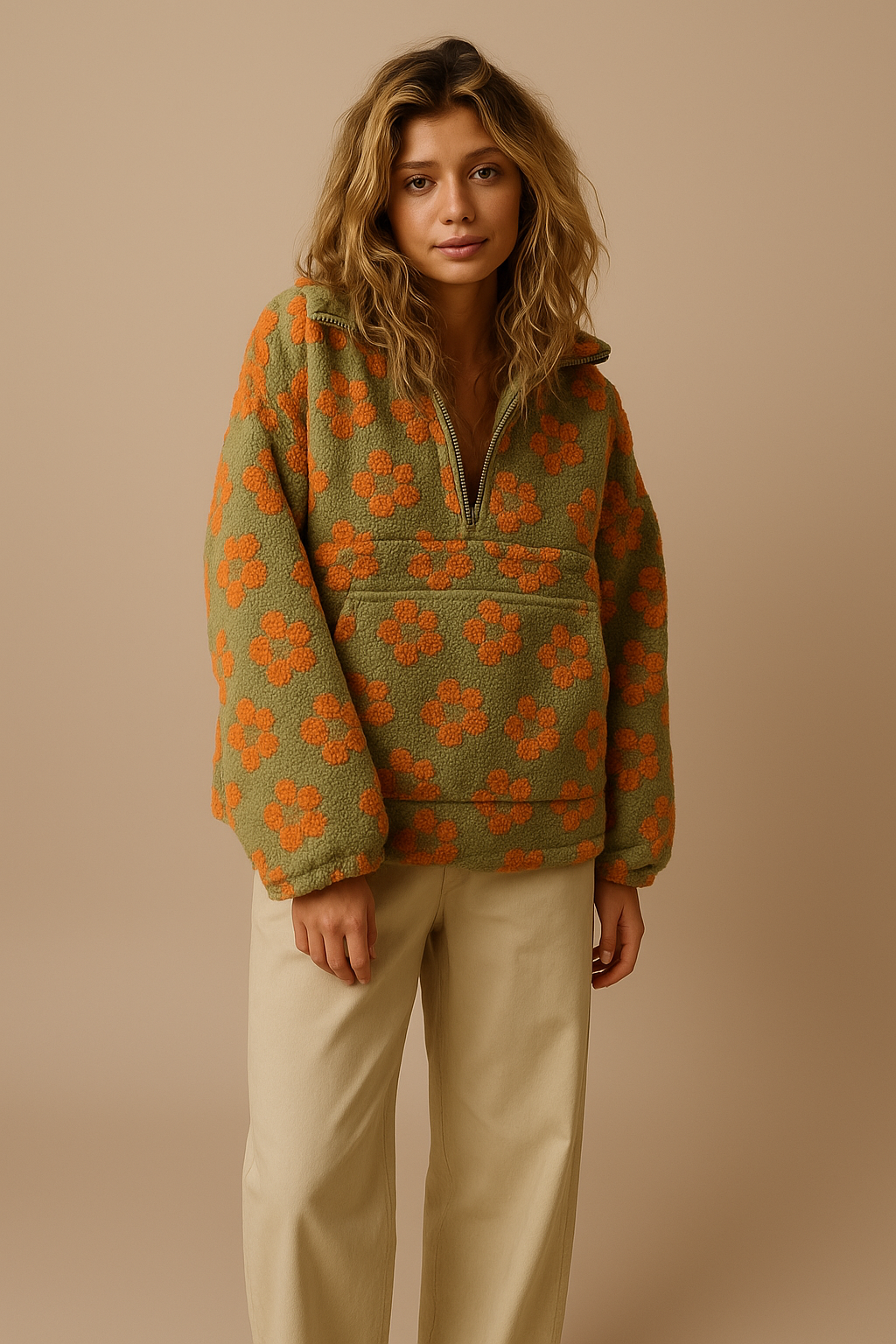 Emma | Oversized Floral Teddy Fleece Jacket with Half Zip - Orange