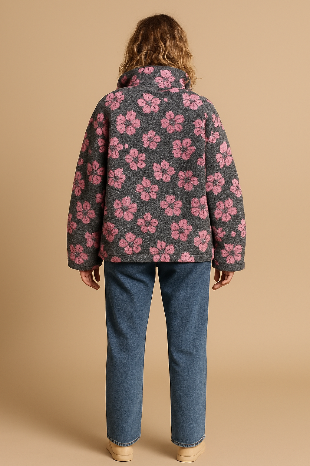 Emma | Oversized Floral Teddy Fleece Jacket with Half Zip - Pink back