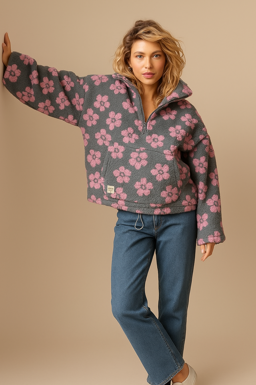 Emma | Oversized Floral Teddy Fleece Jacket with Half Zip - Pink