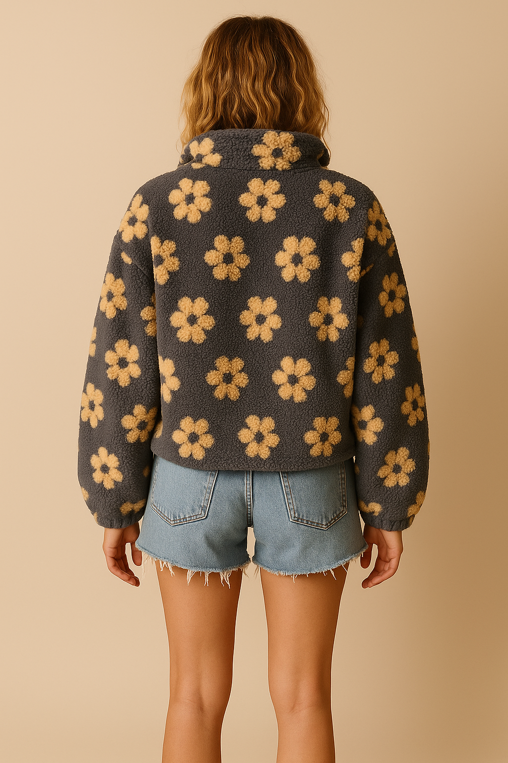 Emma | Oversized Floral Teddy Fleece Jacket with Half Zip - Yellow back