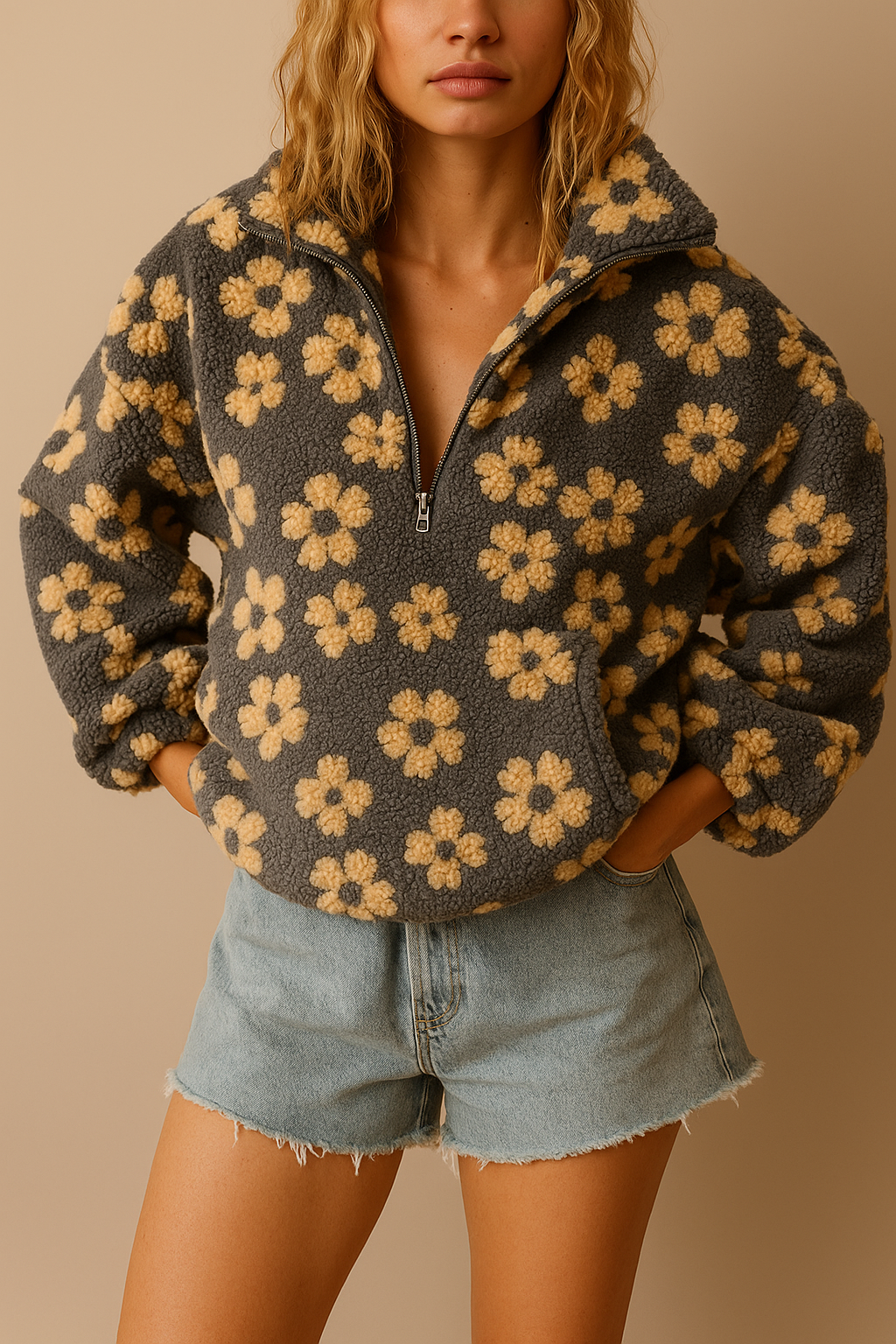 Emma | Oversized Floral Teddy Fleece Jacket with Half Zip - Yellow