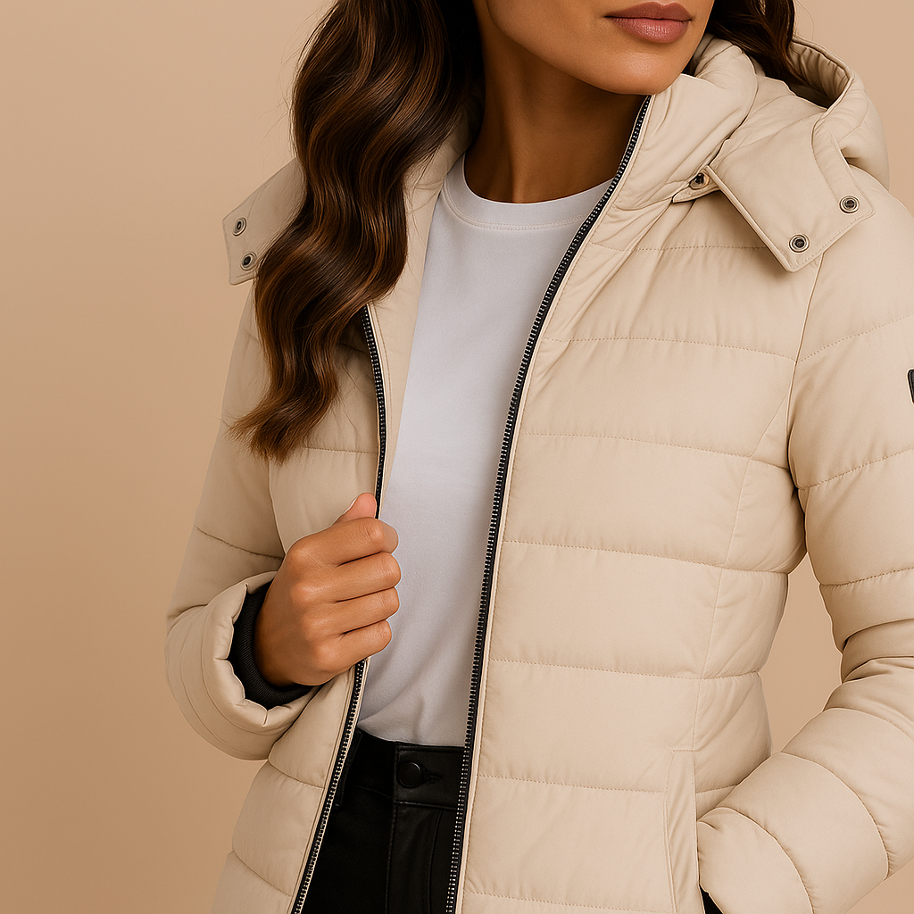 Amelia | Women's Long Hooded Puffer Jacket | Insulated Winter Coat - Beige detail