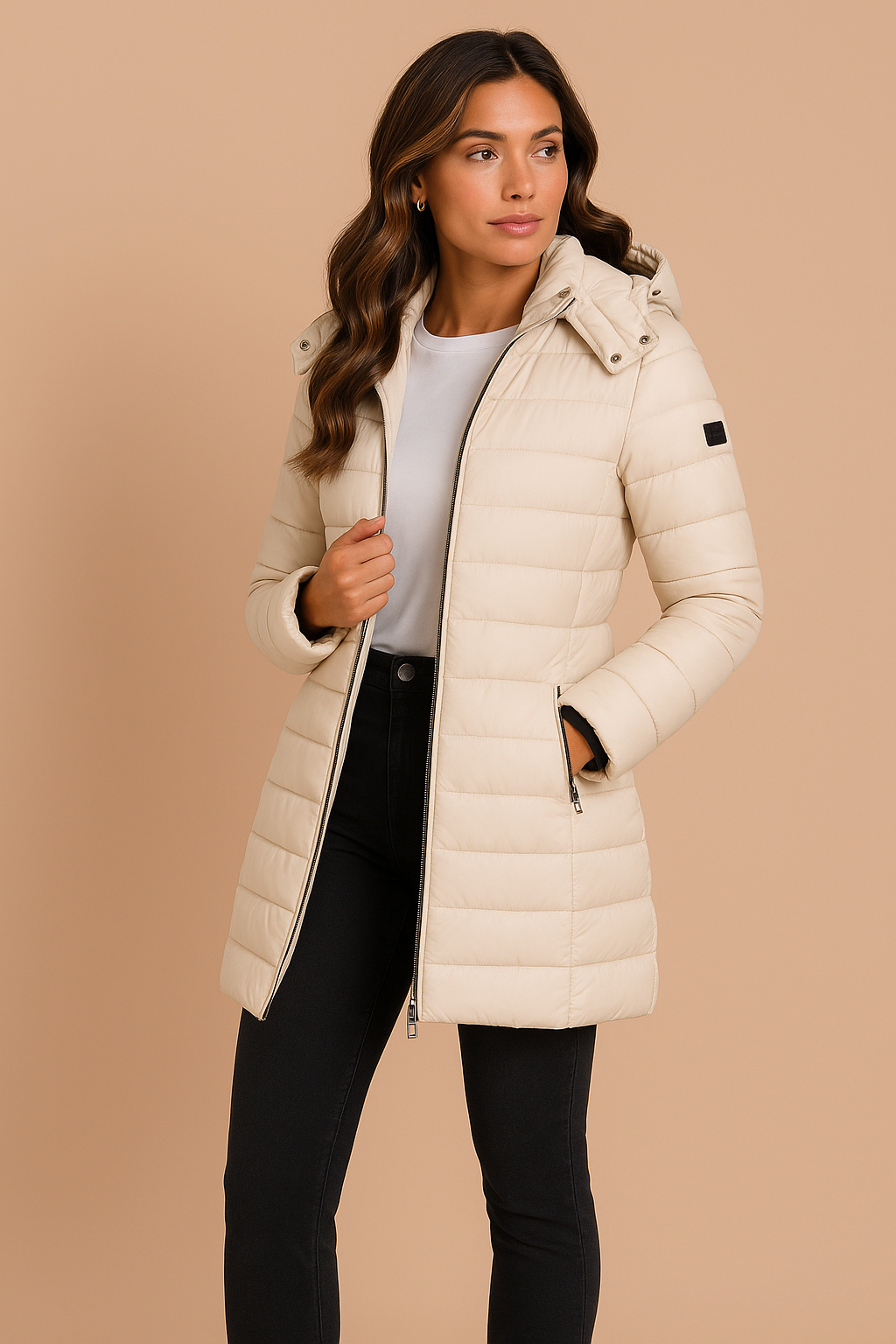 Amelia | Women's Long Hooded Puffer Jacket | Insulated Winter Coat - Beige