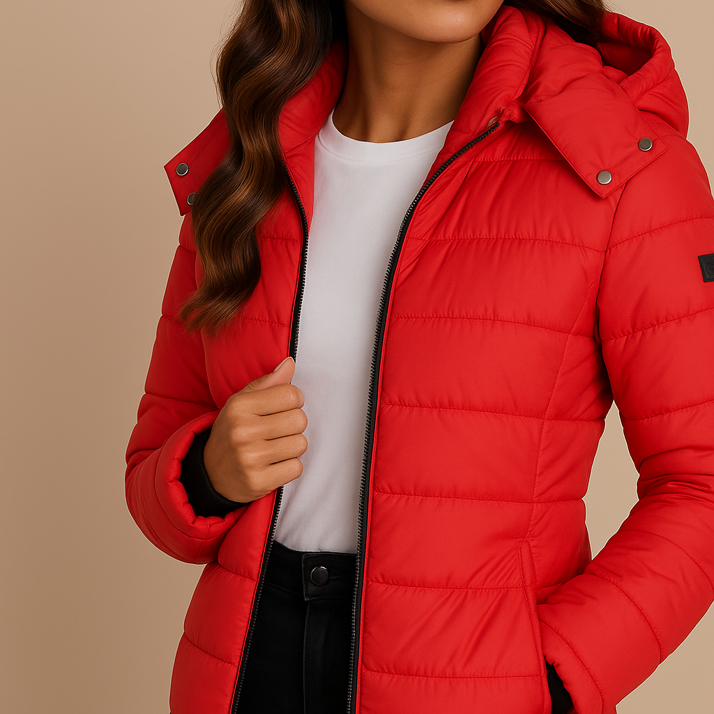 Amelia | Women's Long Hooded Puffer Jacket | Insulated Winter Coat - Red detail