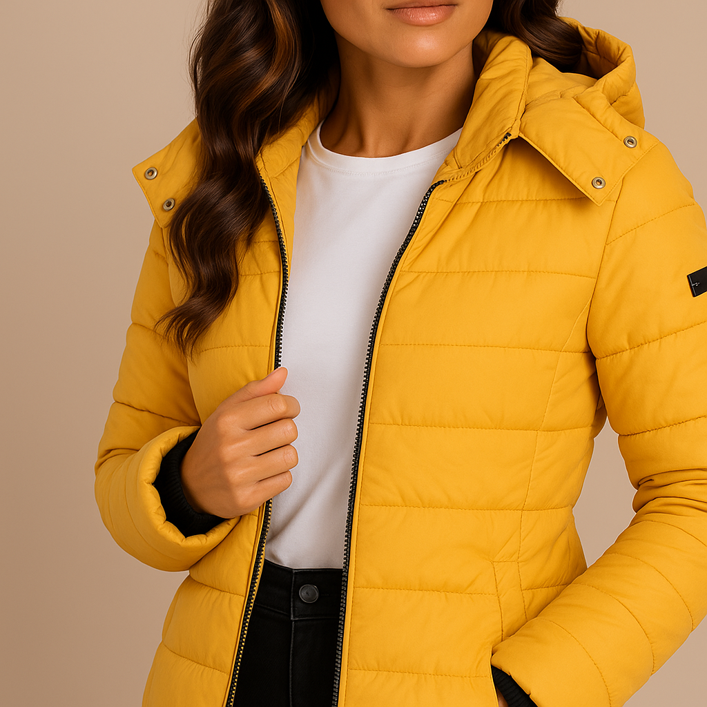 Amelia | Women's Long Hooded Puffer Jacket | Insulated Winter Coat - Yellow detail