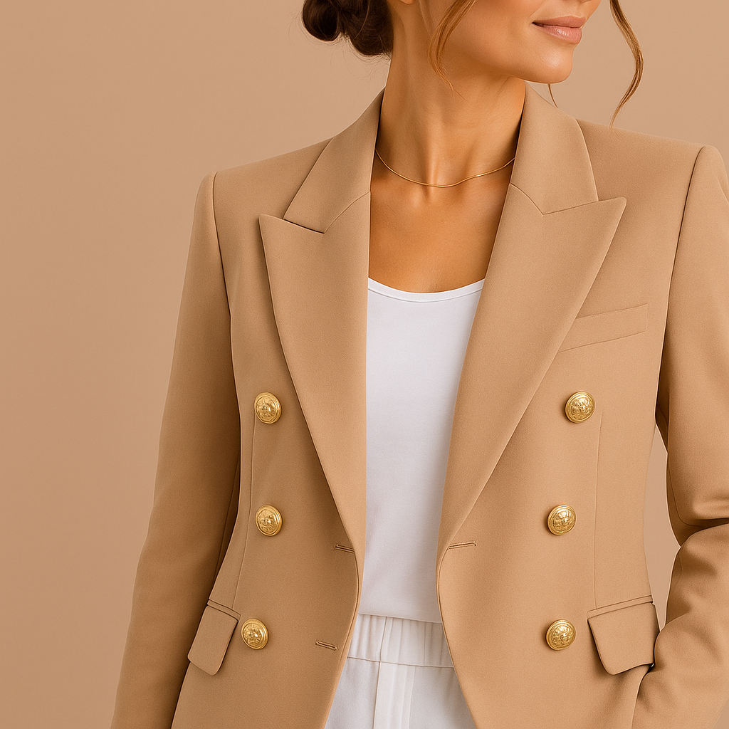 Freya | Women's Elegant Double-Breasted Blazer with Gold Buttons – Timeless Tailored Jacket - Beige detail