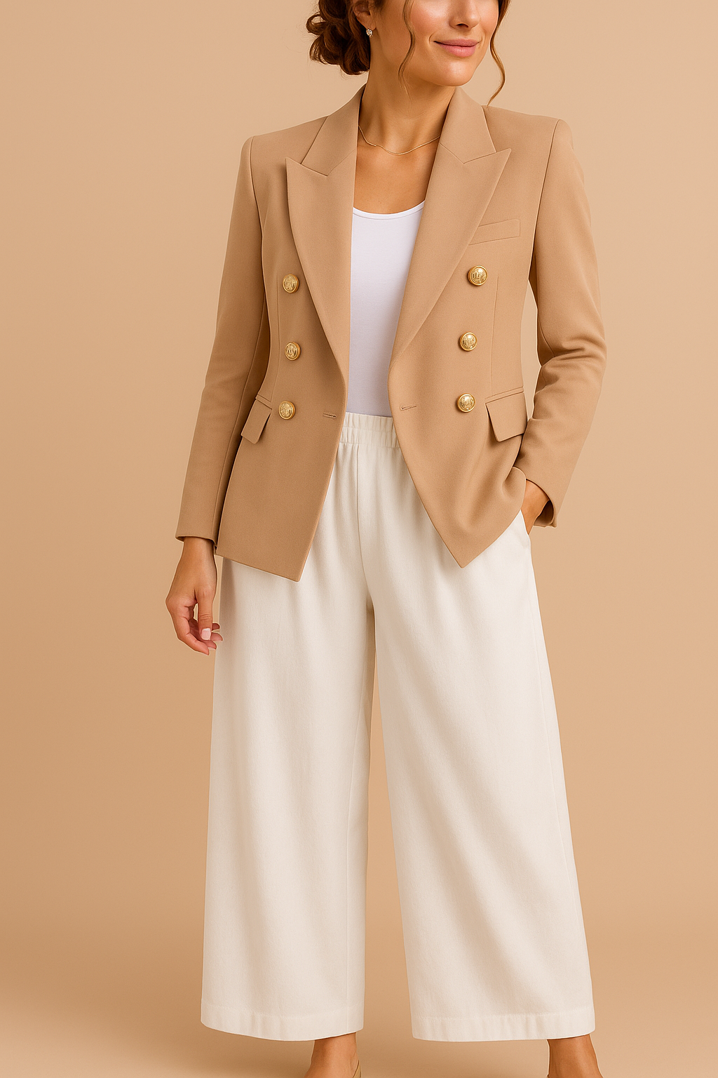 Freya | Women's Elegant Double-Breasted Blazer with Gold Buttons – Timeless Tailored Jacket - Beige