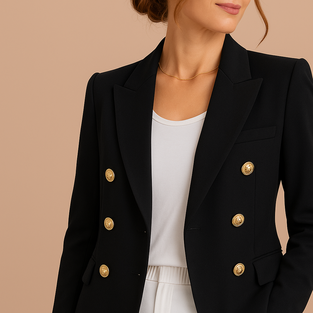 Freya | Women's Elegant Double-Breasted Blazer with Gold Buttons – Timeless Tailored Jacket - Black detail