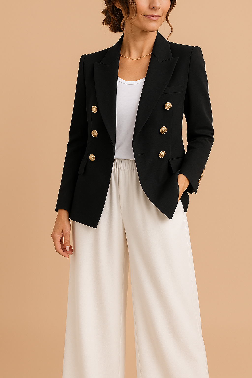 Freya | Women's Elegant Double-Breasted Blazer with Gold Buttons – Timeless Tailored Jacket - Black