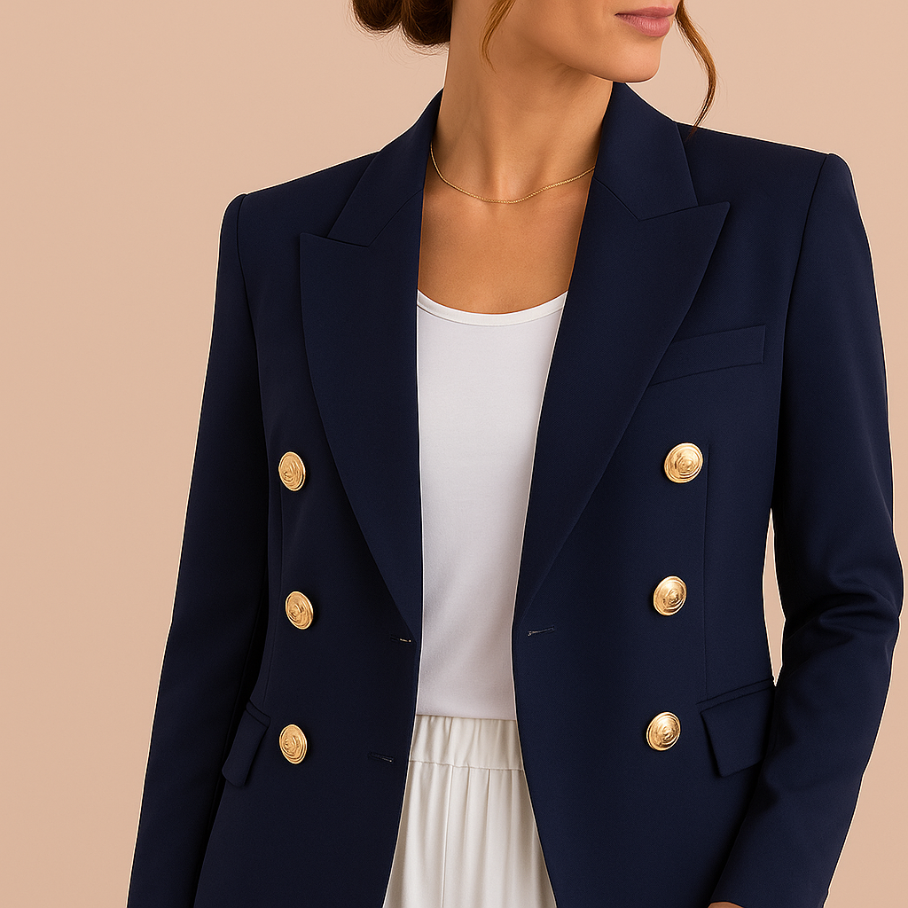Freya | Women's Elegant Double-Breasted Blazer with Gold Buttons – Timeless Tailored Jacket - Navy detail