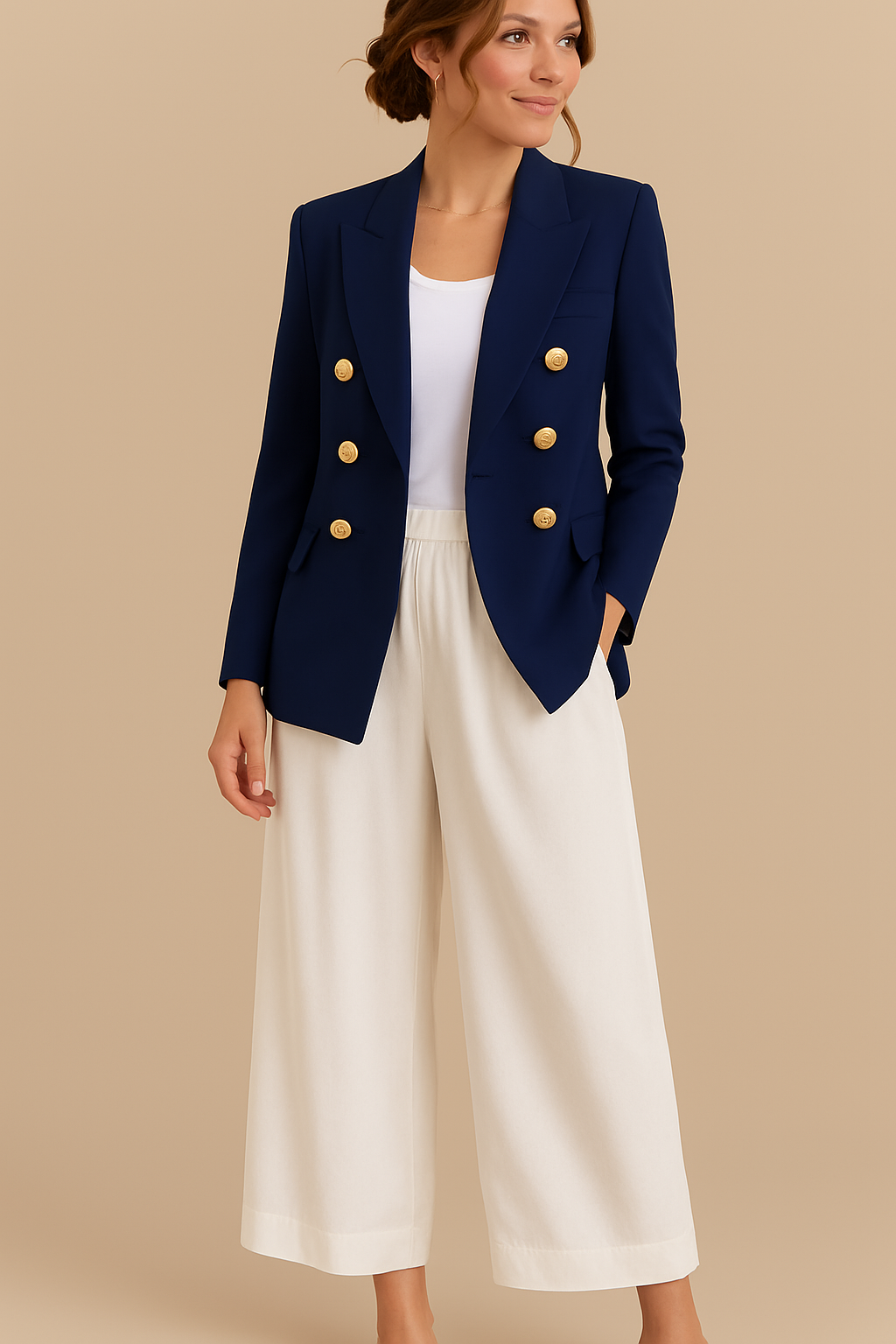Freya | Women's Elegant Double-Breasted Blazer with Gold Buttons – Timeless Tailored Jacket - Navy