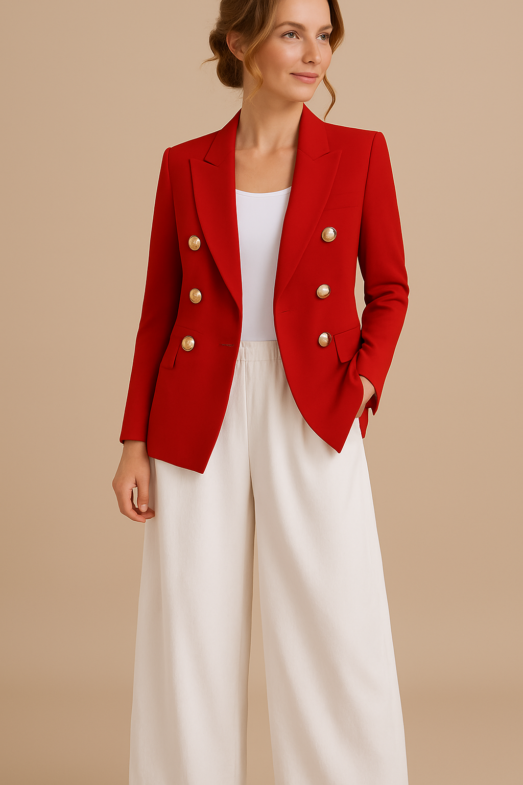 Freya | Women's Elegant Double-Breasted Blazer with Gold Buttons – Timeless Tailored Jacket - Red