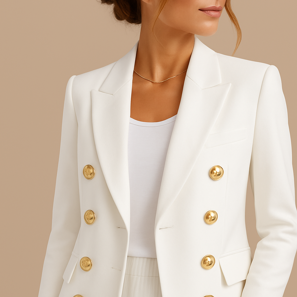 Freya | Women's Elegant Double-Breasted Blazer with Gold Buttons – Timeless Tailored Jacket - White detail