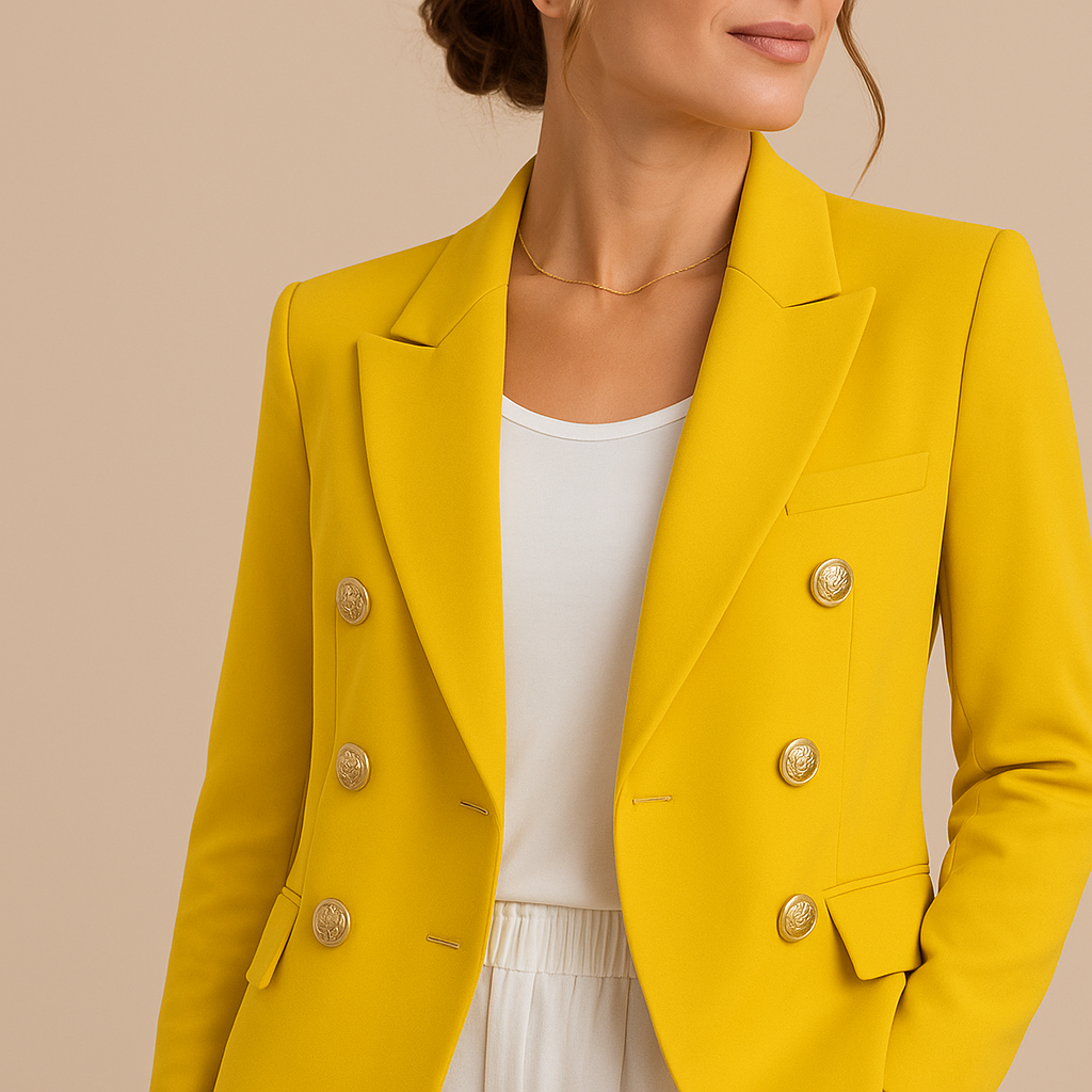 Freya | Women's Elegant Double-Breasted Blazer with Gold Buttons – Timeless Tailored Jacket - Yellow detail