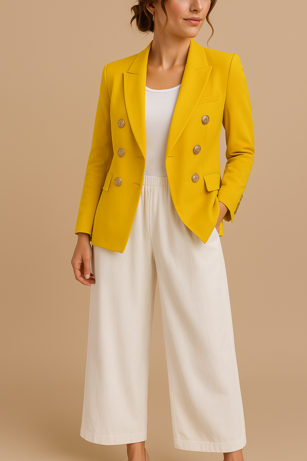 Freya | Women's Elegant Double-Breasted Blazer with Gold Buttons – Timeless Tailored Jacket - Yellow
