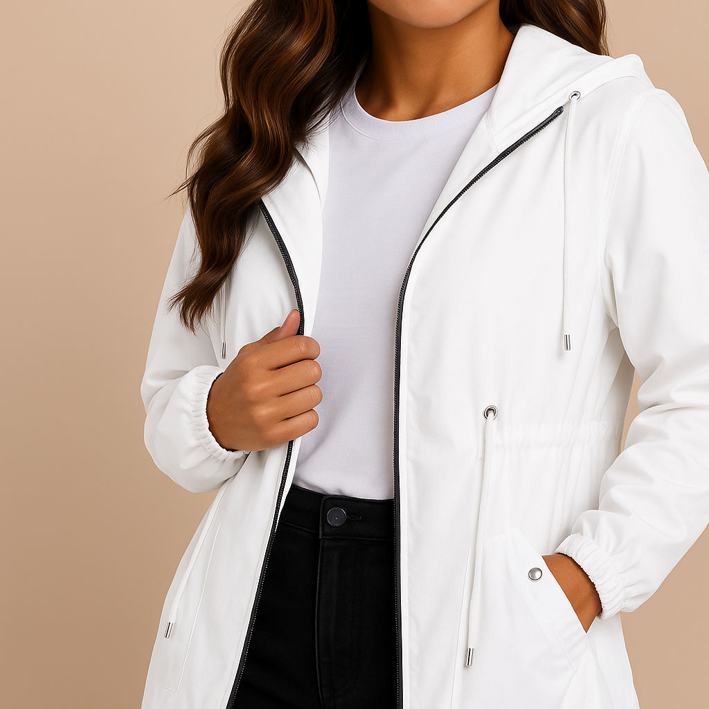 Grace | Women's Lightweight Waterproof Rain Coat with Hood - White detail