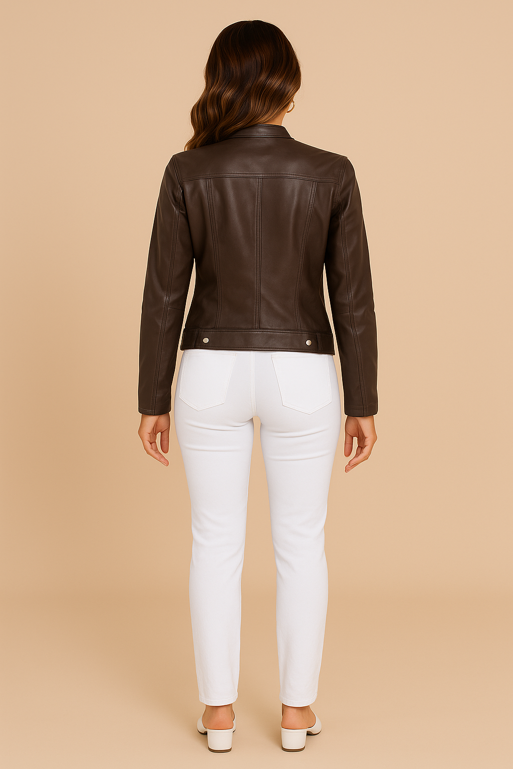 Hannah | Women's Classic Leather Jacket with Zip Pockets - Brown back