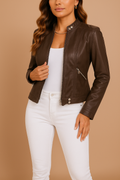 Hannah | Women's Classic Leather Jacket with Zip Pockets - Brown