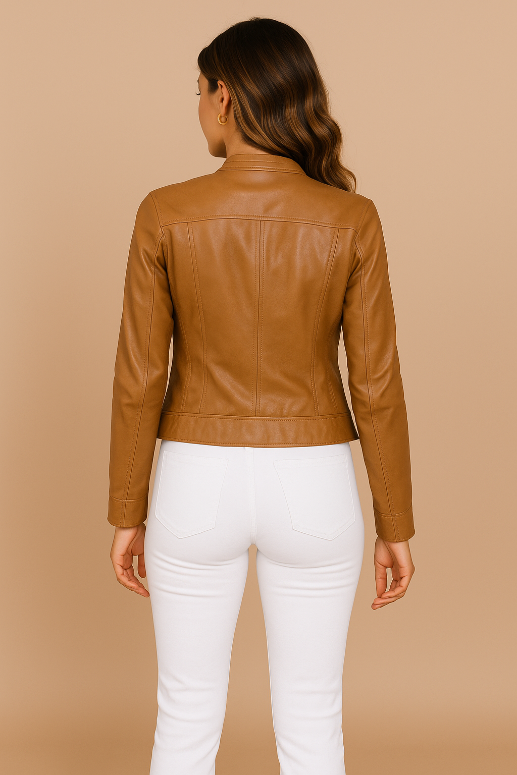Hannah | Women's Classic Leather Jacket with Zip Pockets - Light Brown back