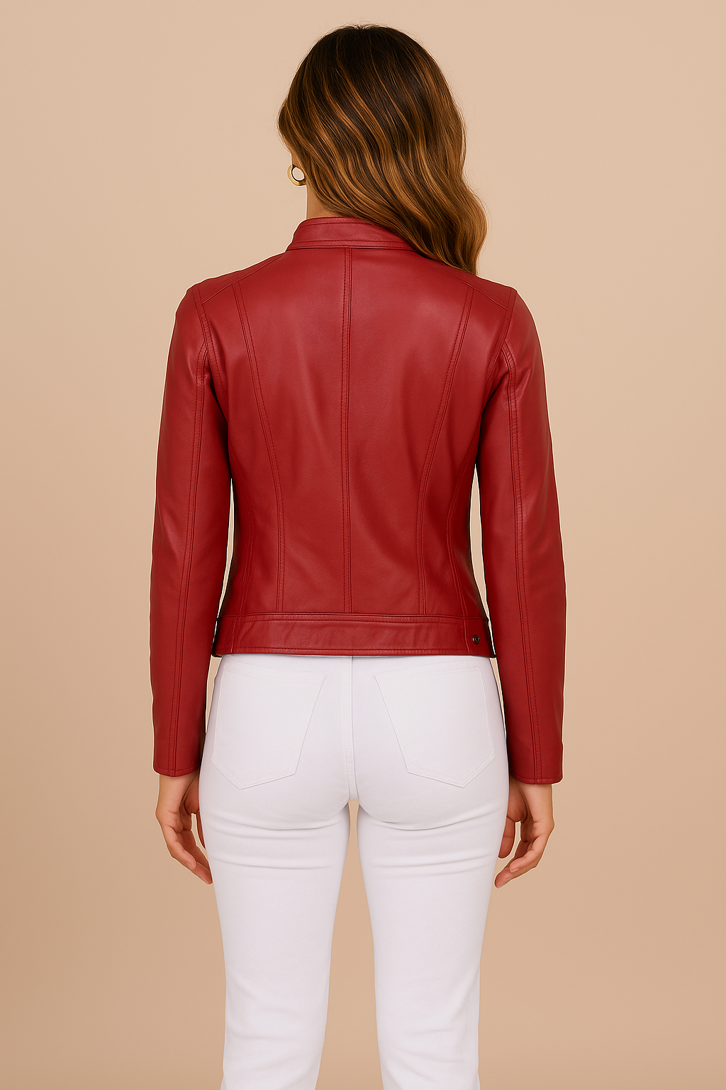 Hannah | Women's Classic Leather Jacket with Zip Pockets - Red back