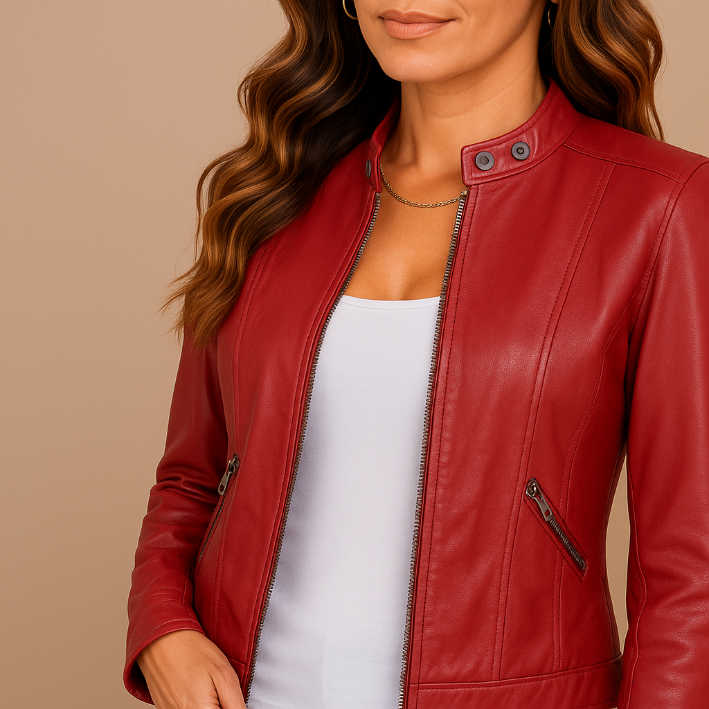 Hannah | Women's Classic Leather Jacket with Zip Pockets - Red detail