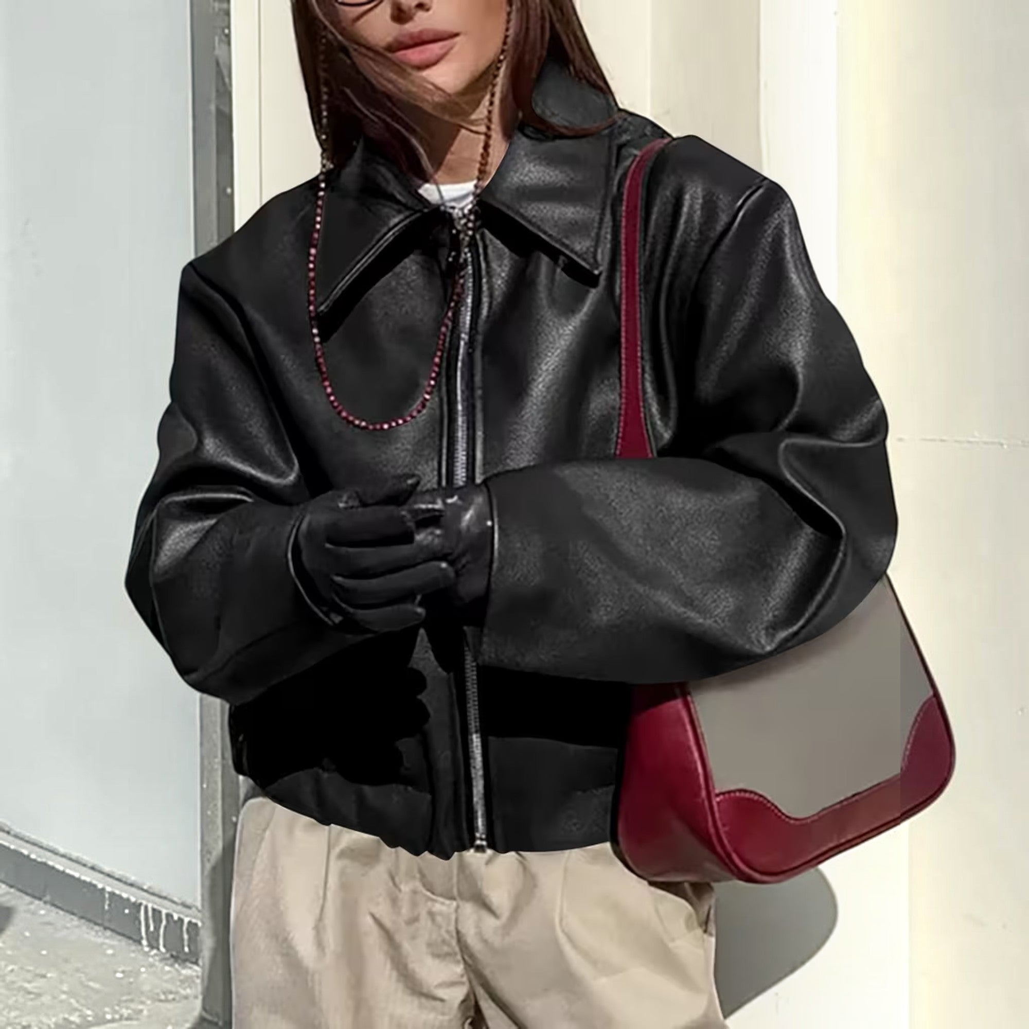 Ellmont London | Leather Jacket Women's Casual Moto Jacket with Lapel Collar