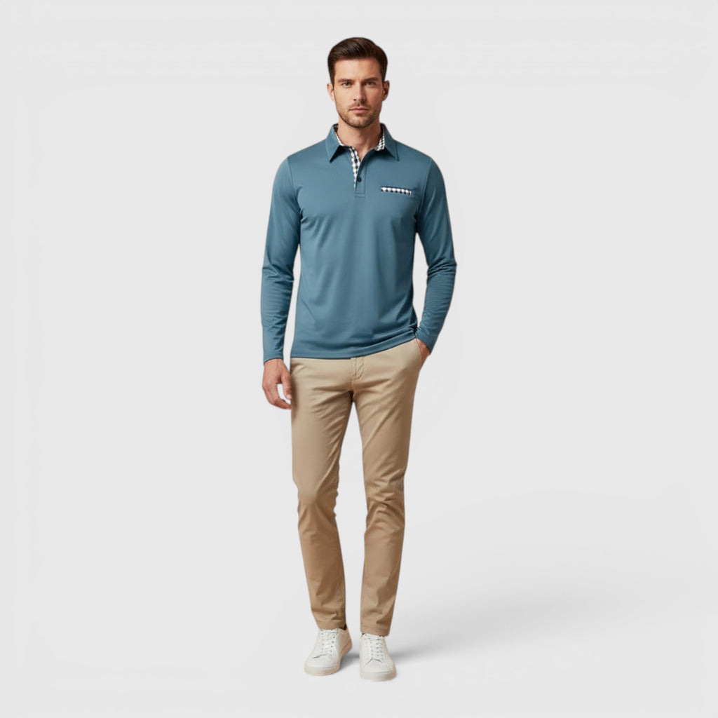 Ellmont London | Men's Polo Longsleeve V-Neck Sweater Quick-Dry Plaid Shirt