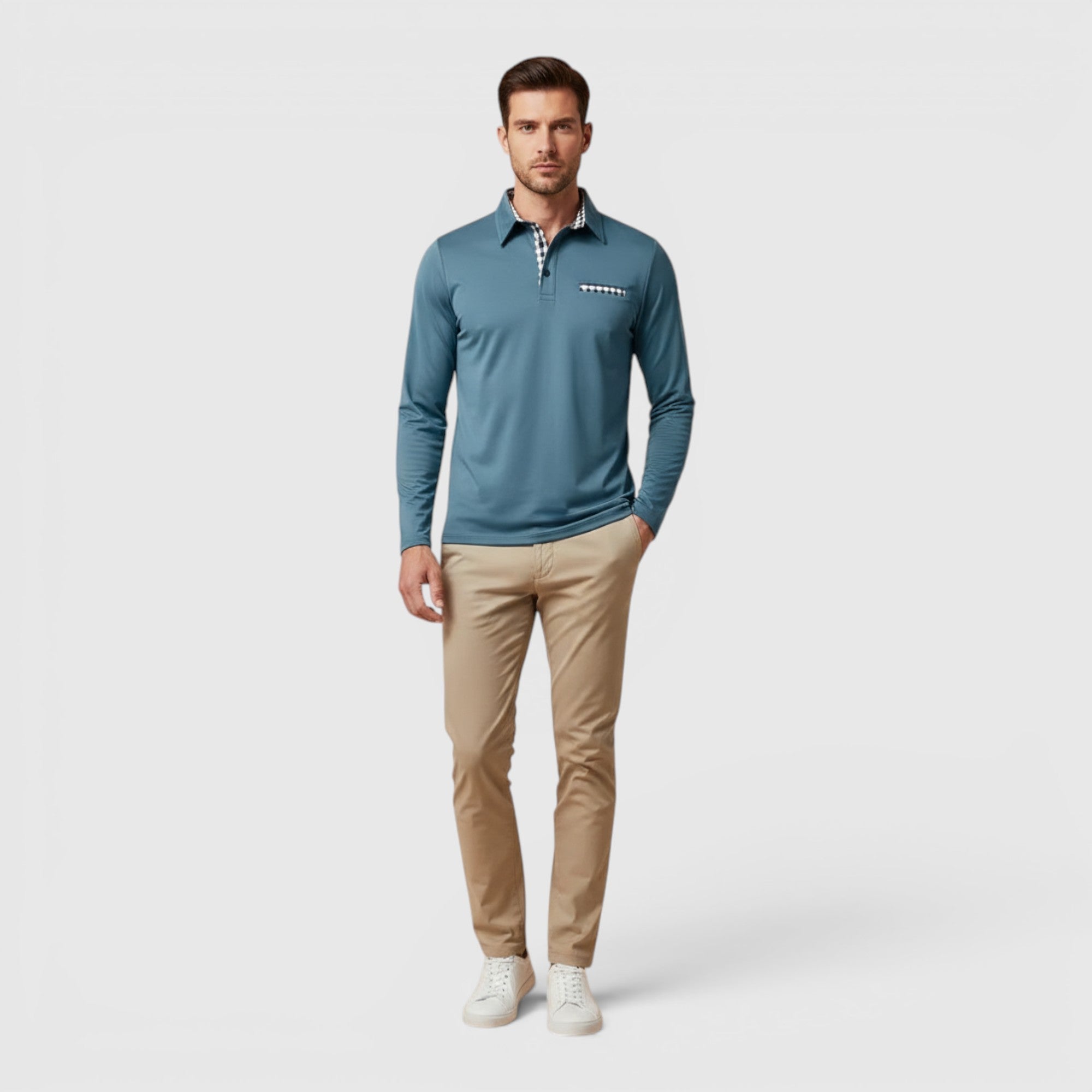 Ellmont London | Men's Polo Longsleeve V-Neck Sweater Quick-Dry Plaid Shirt