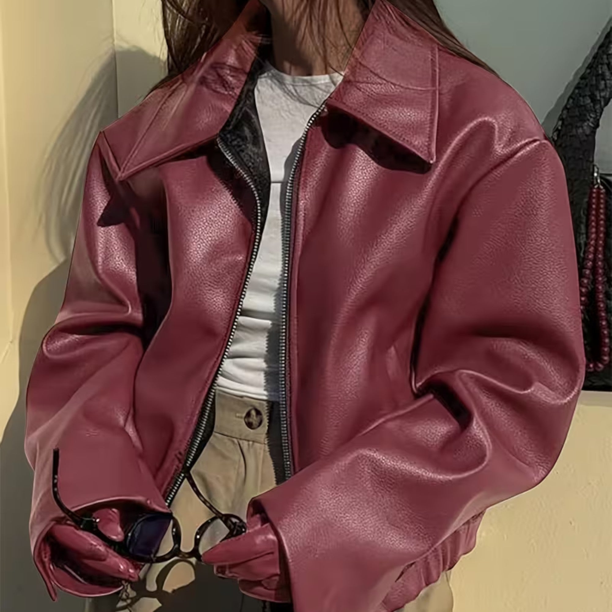 Ellmont London | Leather Jacket Women's Casual Moto Jacket with Lapel Collar