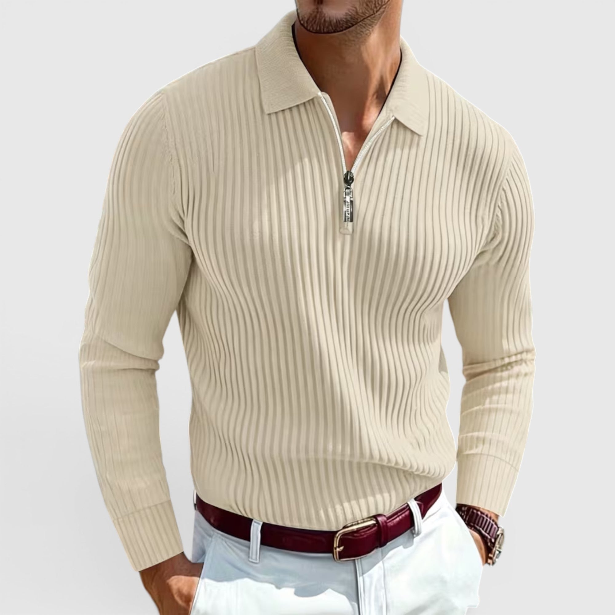 Jonah | Men's Zip Up Polo Shirt Long Sleeve Ribbed Knit Casual Top