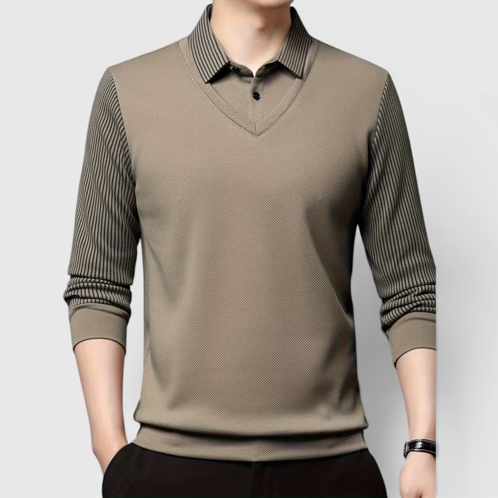 Ellmont London | Men's V-Neck Sweater Faux Two-Piece Polo Shirt for Everyday Wear