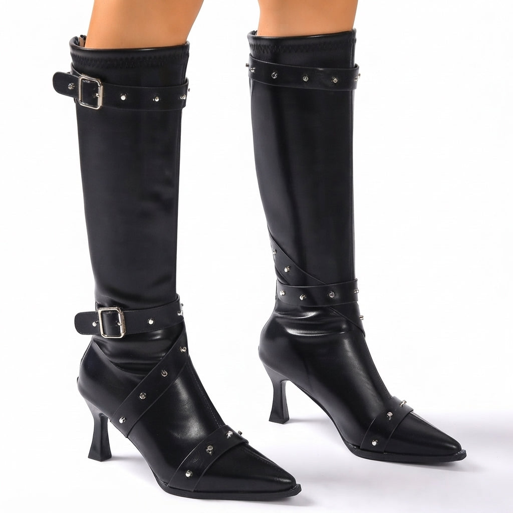 Women's Black Leather Knee High Block Heel Boots