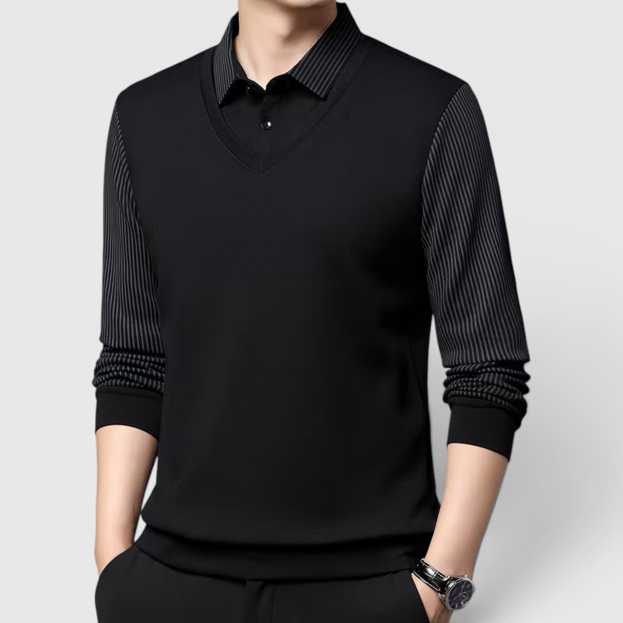 Ellmont London | Men's V-Neck Sweater Faux Two-Piece Polo Shirt for Everyday Wear