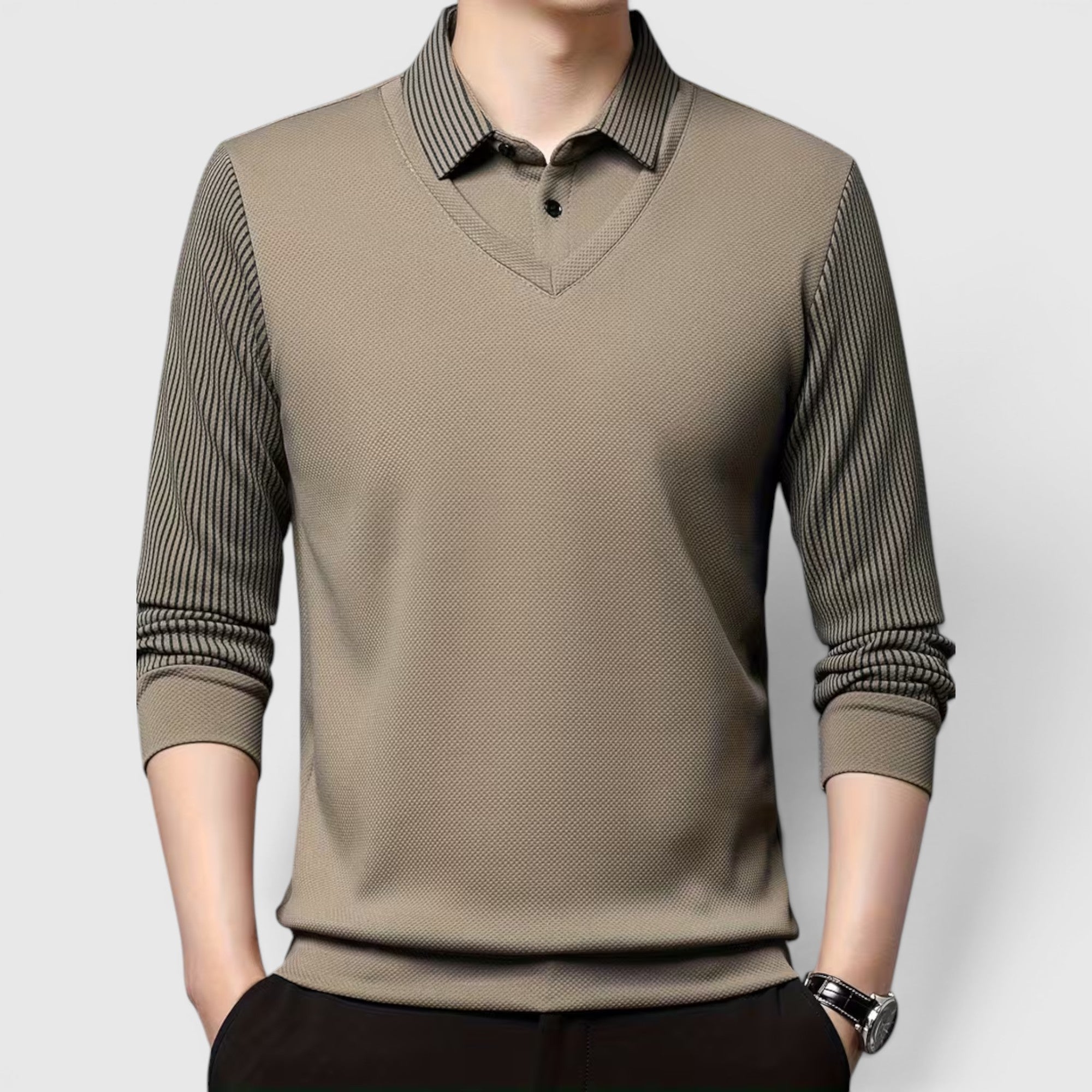 Ellmont London | Men's V-Neck Sweater Faux Two-Piece Polo Shirt for Everyday Wear