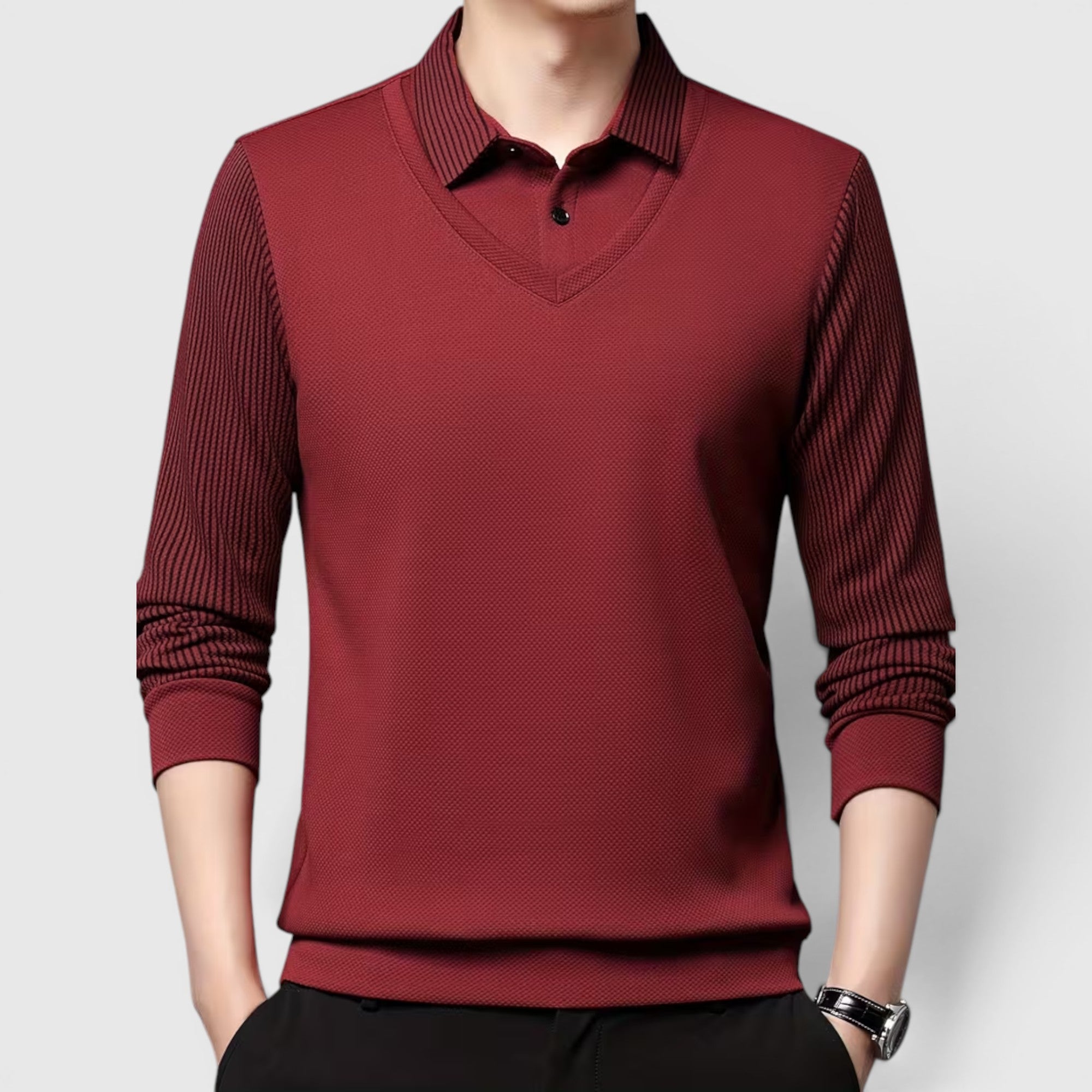 Connor | Men's V-Neck Sweater Faux Two-Piece Polo Shirt for Everyday Wear