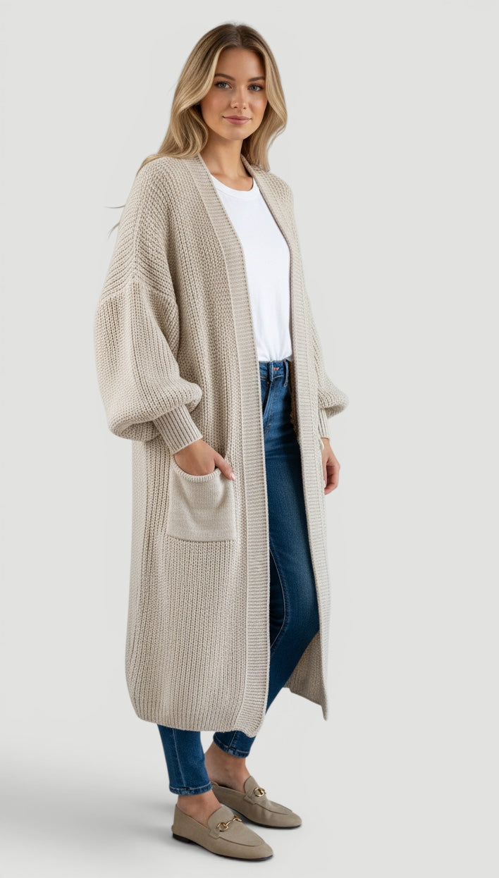 Ellmont London | Women’s Soft Knit Longline Bell Sleeve Layering Cardigan