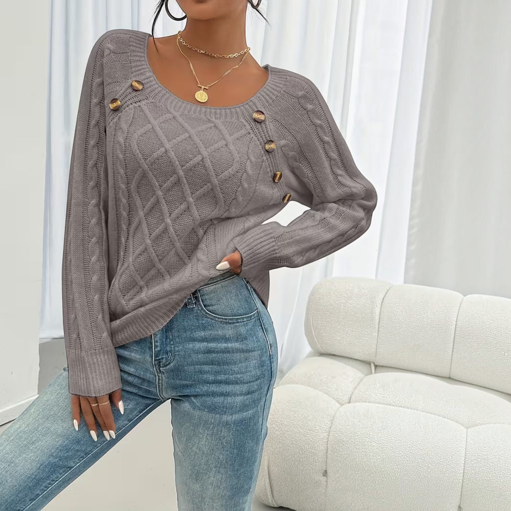 Ellmont London | Women's Soft Knit Sweater Pullover with Button Detail