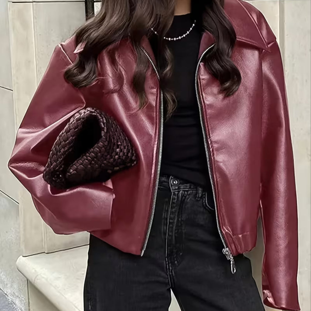 Ellmont London | Leather Jacket Women's Casual Moto Jacket with Lapel Collar
