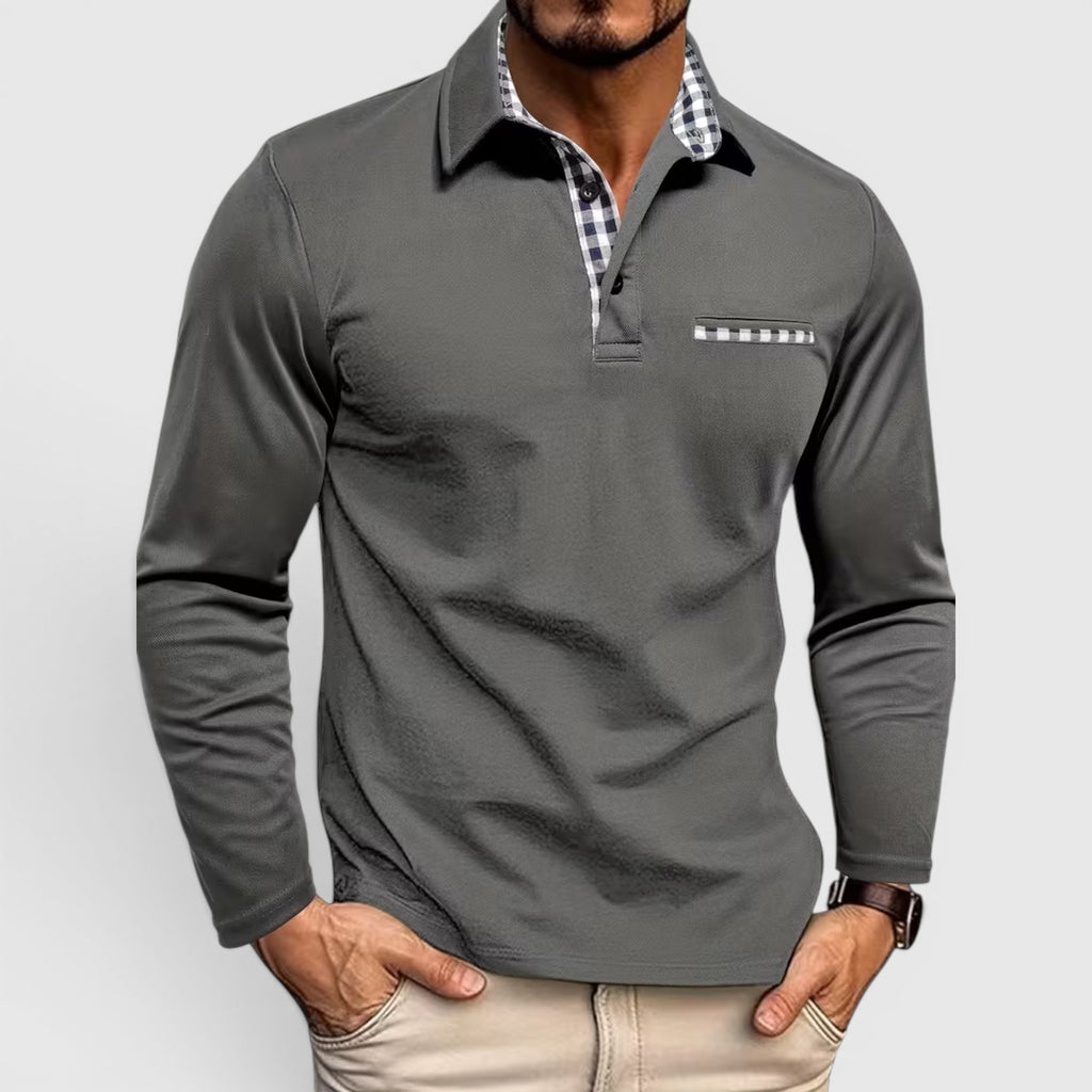 Ellmont London | Men's Polo Longsleeve V-Neck Sweater Quick-Dry Plaid Shirt