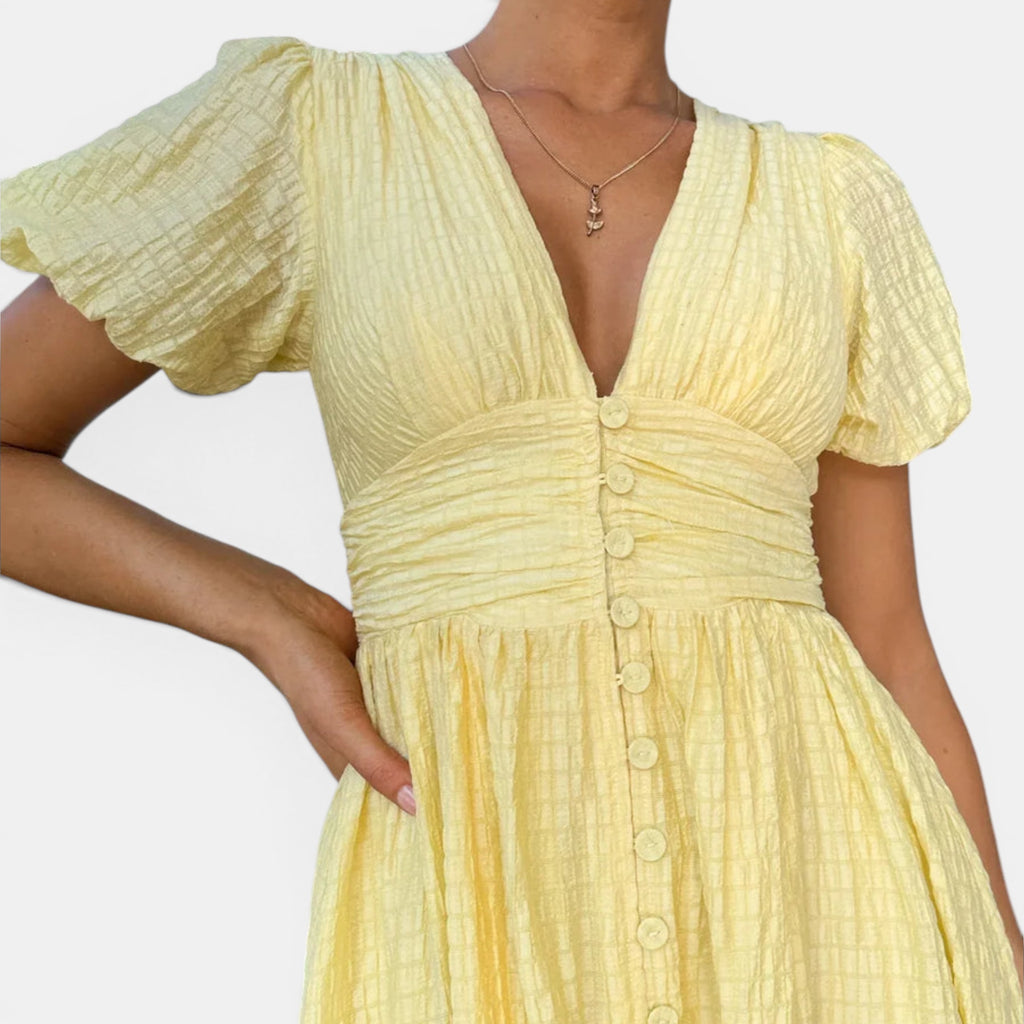 Ellmont London | Women's Puff Sleeve Button Front V Neck Wedding Guest Midi Summer Dress