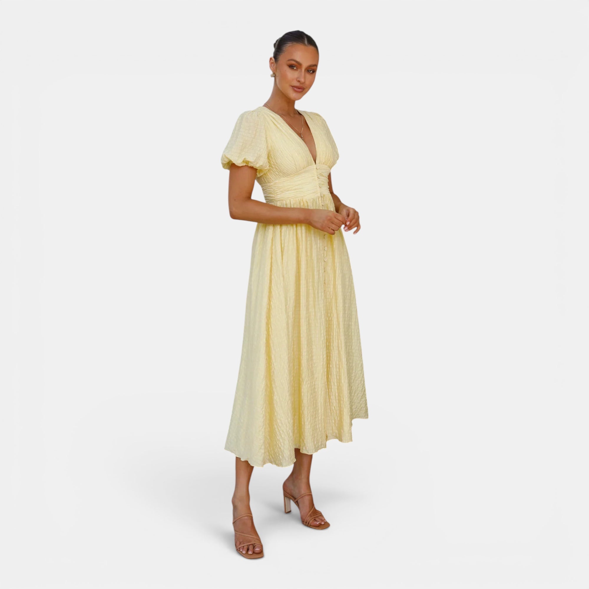 Ellmont London | Women's Puff Sleeve Button Front V Neck Wedding Guest Midi Summer Dress