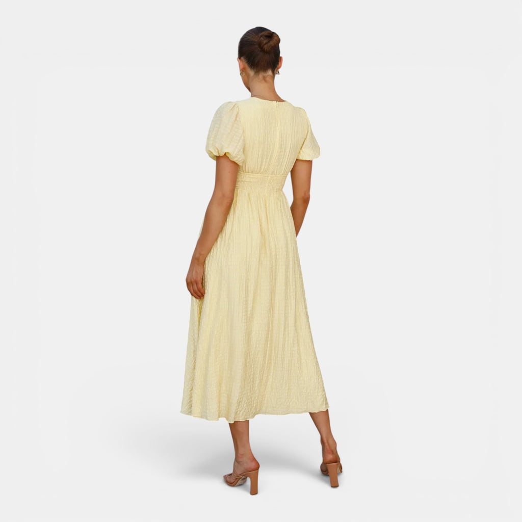 Ellmont London | Women's Puff Sleeve Button Front V Neck Wedding Guest Midi Summer Dress