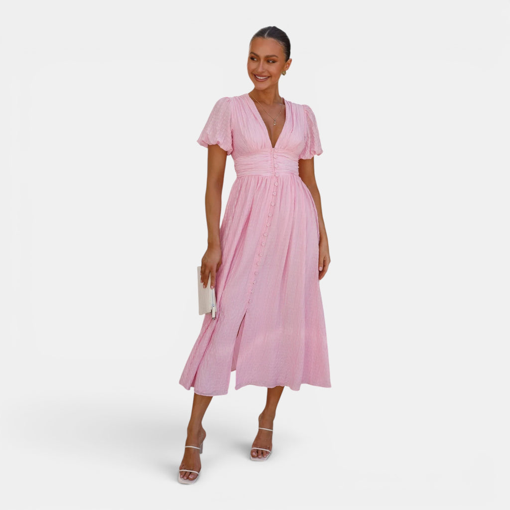 Ellmont London | Women's Puff Sleeve Button Front V Neck Wedding Guest Midi Summer Dress