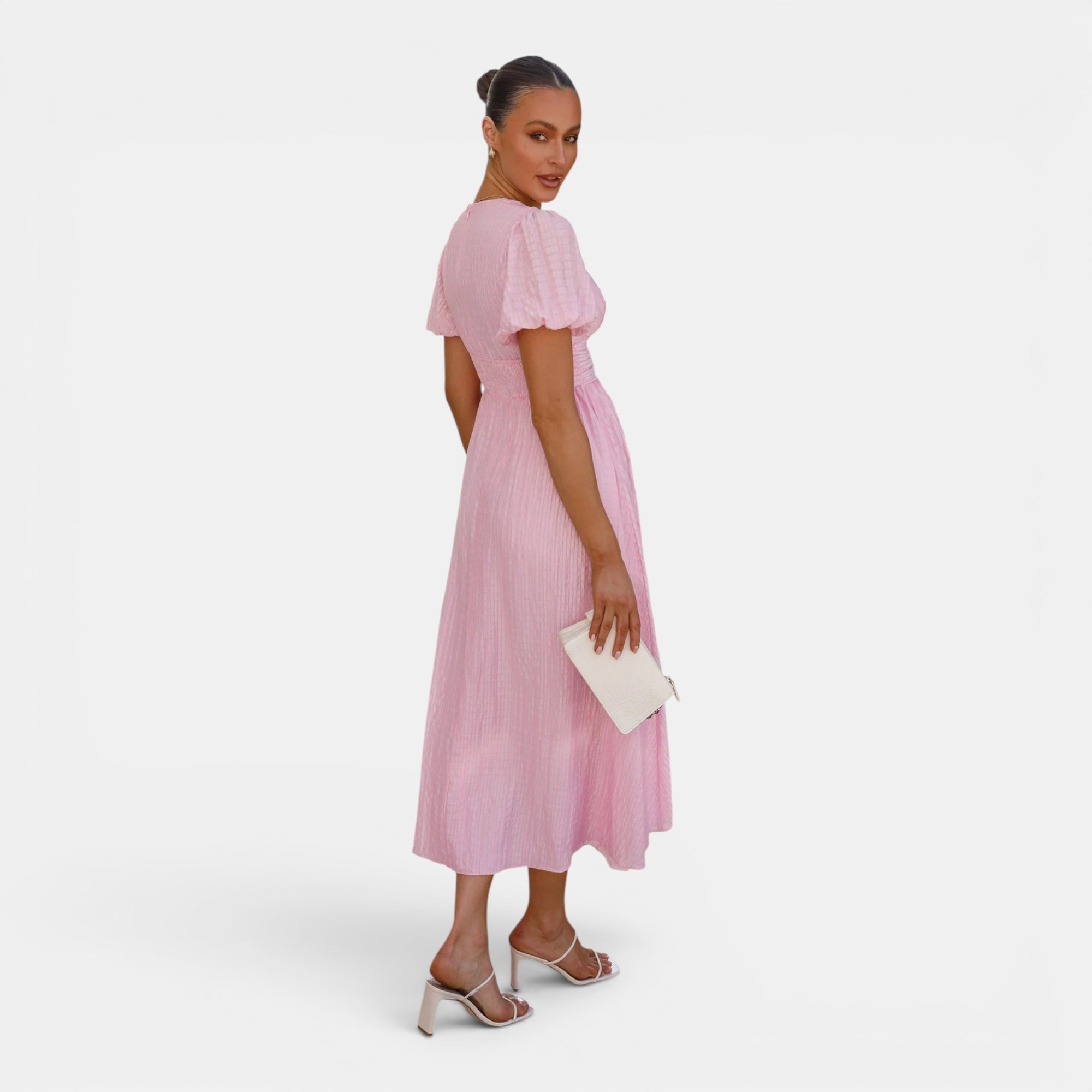 Ellmont London | Women's Puff Sleeve Button Front V Neck Wedding Guest Midi Summer Dress