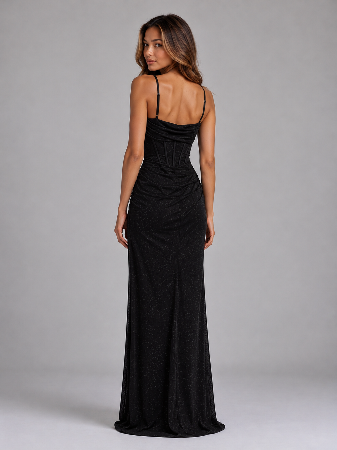 Women's Glitter Corset Maxi Dress – Evening Dress with Thigh Split